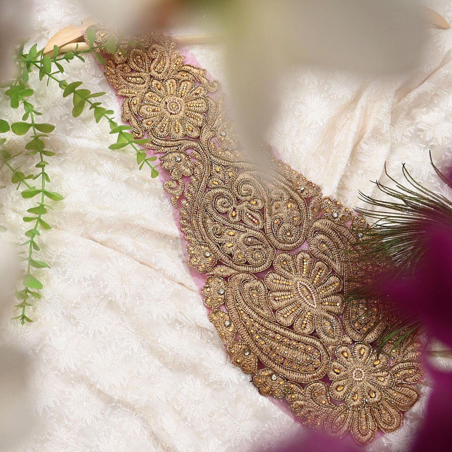 Indian Vintage Pink Net/Mesh Appliques  Set of 1 | Hand-Embroidered Floral Patches with Zardozi,Dabka, Zari,for Craft, Journals