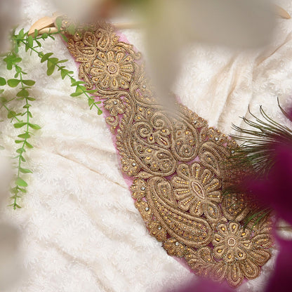 Indian Vintage Pink Net/Mesh Appliques  Set of 1 | Hand-Embroidered Floral Patches with Zardozi,Dabka, Zari,for Craft, Journals