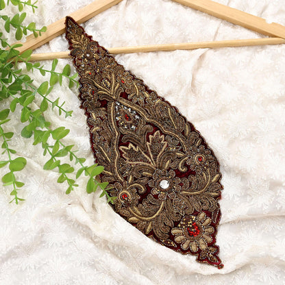 Indian Vintage Maroon velvet Appliques  Set of 1 | Hand-Embroidered Floral Patches with Zardozi,Dabka, Zari,for Craft, Journals