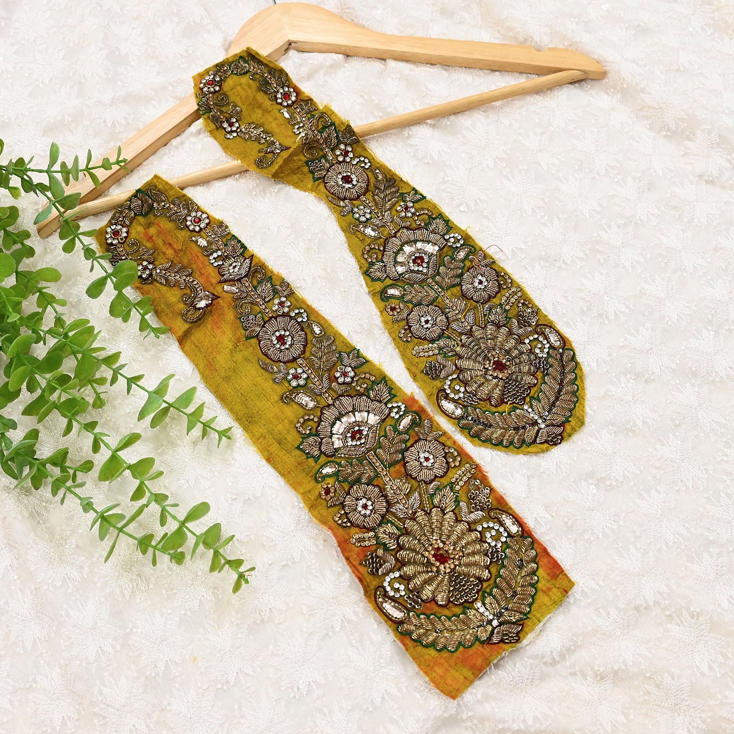 Indian Vintage Yellow Chanderi Appliques  Set of 2 | Hand-Embroidered Floral Patches with Zardozi,Dabka, Zari,for Craft, Journals