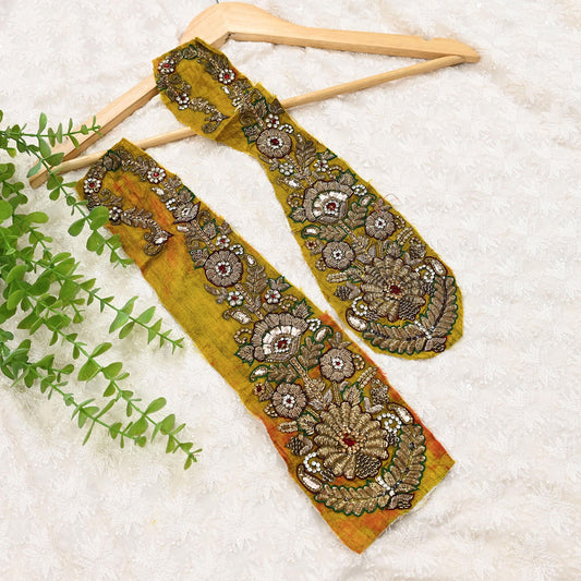 Indian Vintage Yellow Chanderi Appliques  Set of 2 | Hand-Embroidered Floral Patches with Zardozi,Dabka, Zari,for Craft, Journals