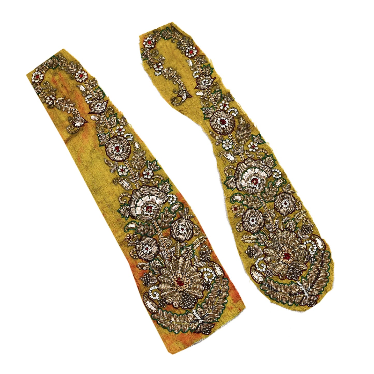 Indian Vintage Yellow Chanderi Appliques  Set of 2 | Hand-Embroidered Floral Patches with Zardozi,Dabka, Zari,for Craft, Journals