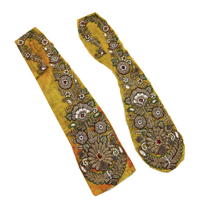 Indian Vintage Yellow Chanderi Appliques  Set of 2 | Hand-Embroidered Floral Patches with Zardozi,Dabka, Zari,for Craft, Journals