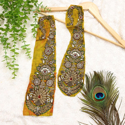 Indian Vintage Yellow Chanderi Appliques  Set of 2 | Hand-Embroidered Floral Patches with Zardozi,Dabka, Zari,for Craft, Journals