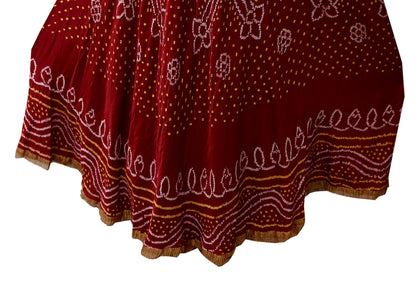 Indian Vintage red Pure satin silk Bandhani printed Lehenga/Skirt garba night Wear