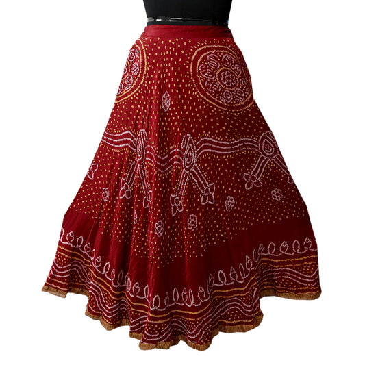 Indian Vintage red Pure satin silk Bandhani printed Lehenga/Skirt garba night Wear