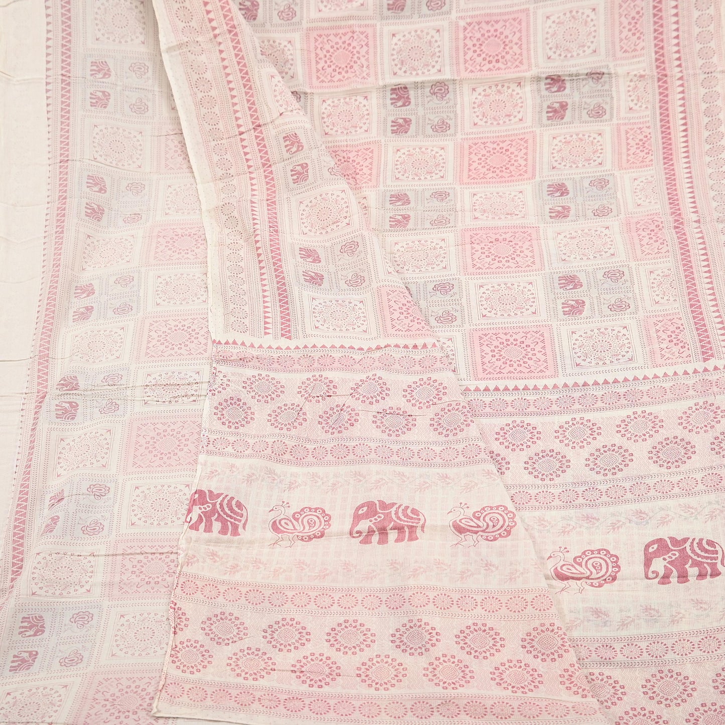 Indian Vintage Sari Ivory Printed Pure Cotton Sarees 5Yd Craft Fabric Soft Sewing Sarong Wrap Boho Upcycle quilting Dress making