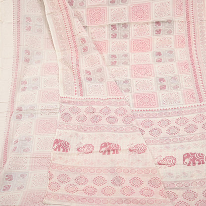 Indian Vintage Sari Ivory Printed Pure Cotton Sarees 5Yd Craft Fabric Soft Sewing Sarong Wrap Boho Upcycle quilting Dress making