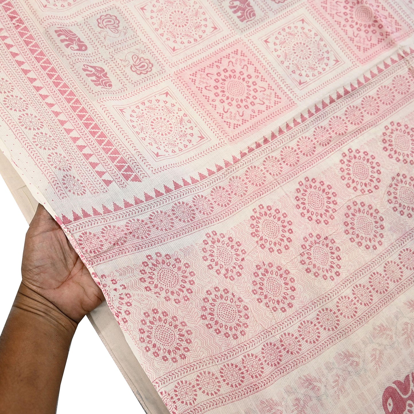 Indian Vintage Sari Ivory Printed Pure Cotton Sarees 5Yd Craft Fabric Soft Sewing Sarong Wrap Boho Upcycle quilting Dress making