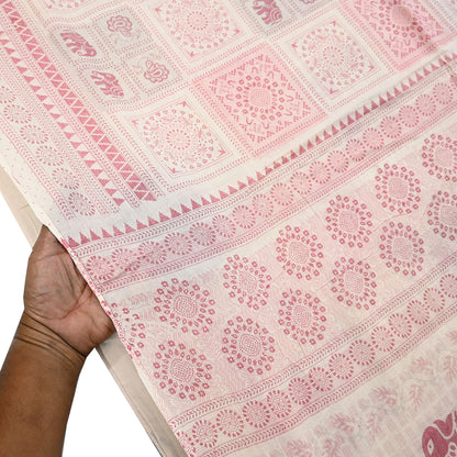 Indian Vintage Sari Ivory Printed Pure Cotton Sarees 5Yd Craft Fabric Soft Sewing Sarong Wrap Boho Upcycle quilting Dress making