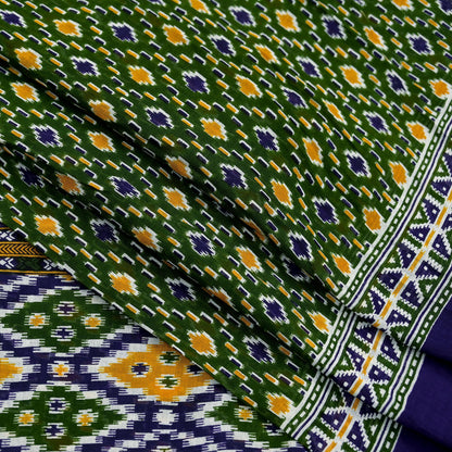 Indian Vintage Sari Blue & Green Pure Cotton Printed Sarees Craft Fabric 5Yd Soft Sewing Sarong Wrap Boho Floral Quilting Upcycle Crafting