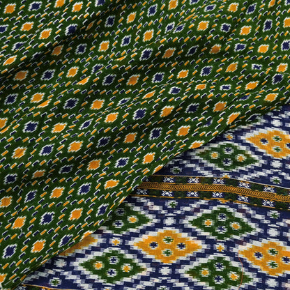 Indian Vintage Sari Blue & Green Pure Cotton Printed Sarees Craft Fabric 5Yd Soft Sewing Sarong Wrap Boho Floral Quilting Upcycle Crafting