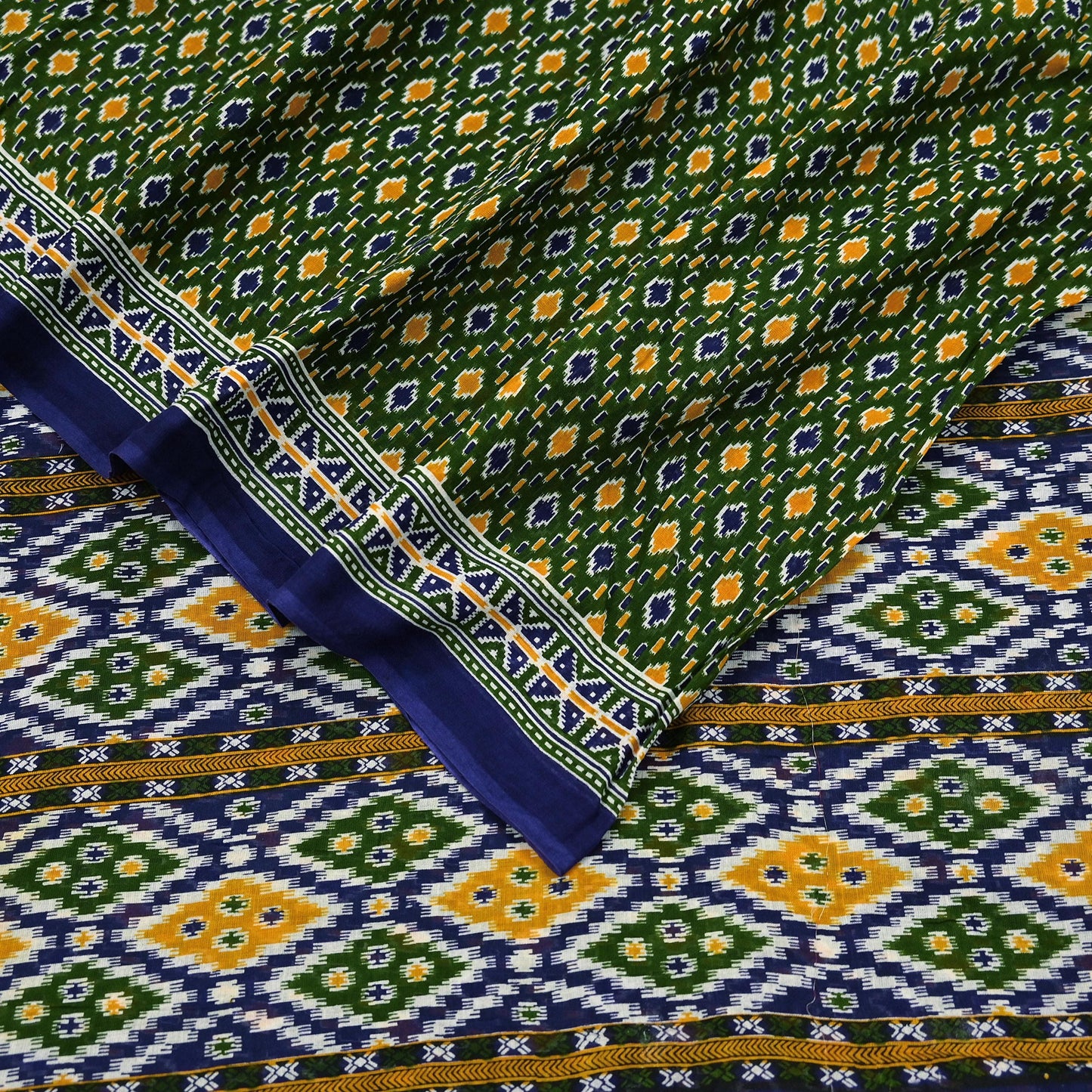 Indian Vintage Sari Blue & Green Pure Cotton Printed Sarees Craft Fabric 5Yd Soft Sewing Sarong Wrap Boho Floral Quilting Upcycle Crafting