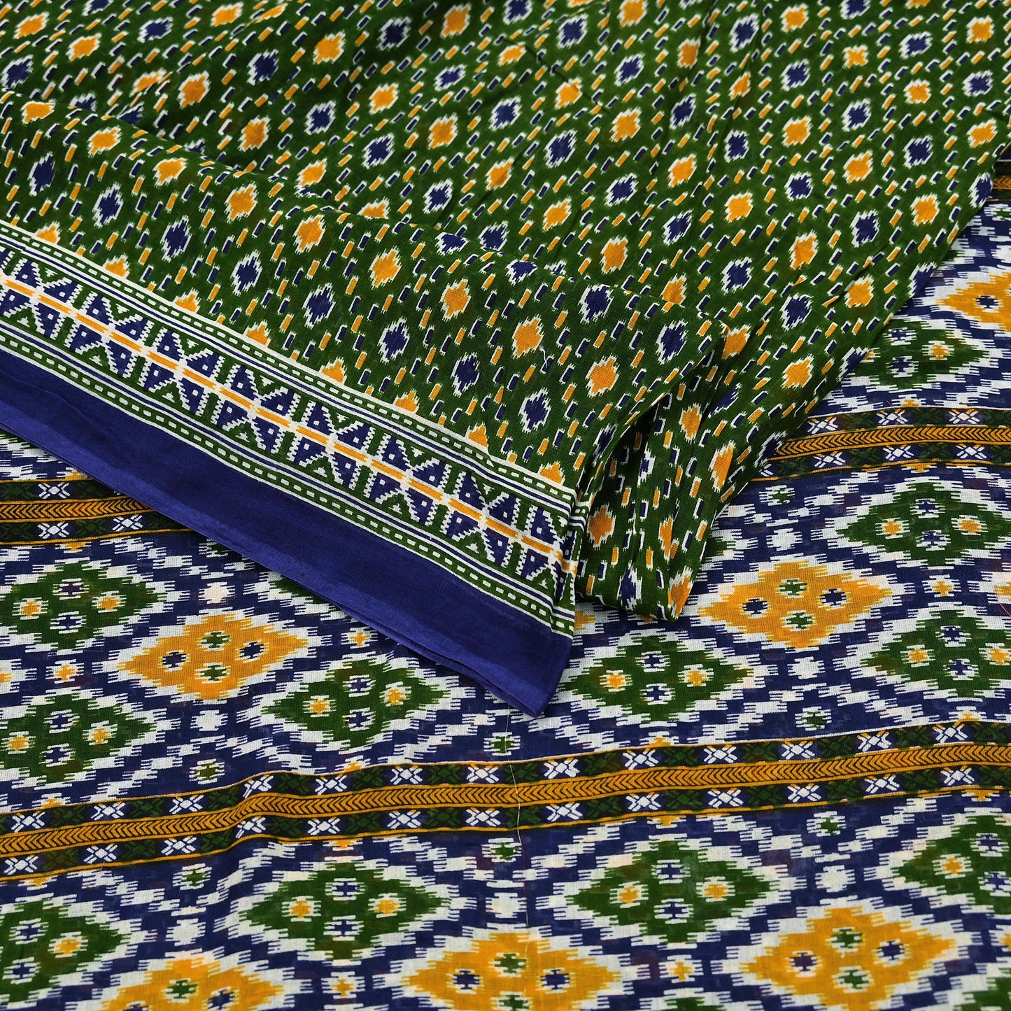 Indian Vintage Sari Blue & Green Pure Cotton Printed Sarees Craft Fabric 5Yd Soft Sewing Sarong Wrap Boho Floral Quilting Upcycle Crafting