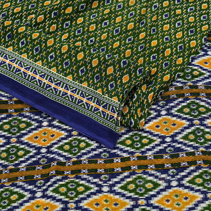 Indian Vintage Sari Blue & Green Pure Cotton Printed Sarees Craft Fabric 5Yd Soft Sewing Sarong Wrap Boho Floral Quilting Upcycle Crafting