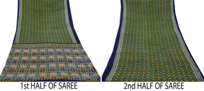 Indian Vintage Sari Blue & Green Pure Cotton Printed Sarees Craft Fabric 5Yd Soft Sewing Sarong Wrap Boho Floral Quilting Upcycle Crafting
