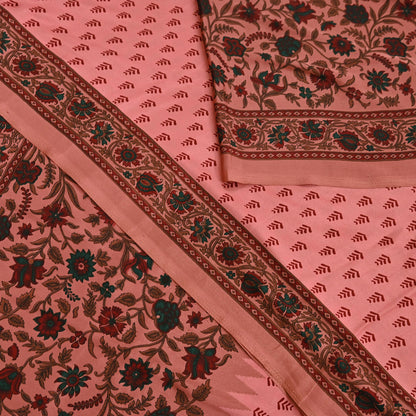 Indian Vintage Sari Peach Moss Crepe Printed Sarees 6yd Craft Fabric Sewing Floral Soft Dress making Quilting Crafting Upcycle Used