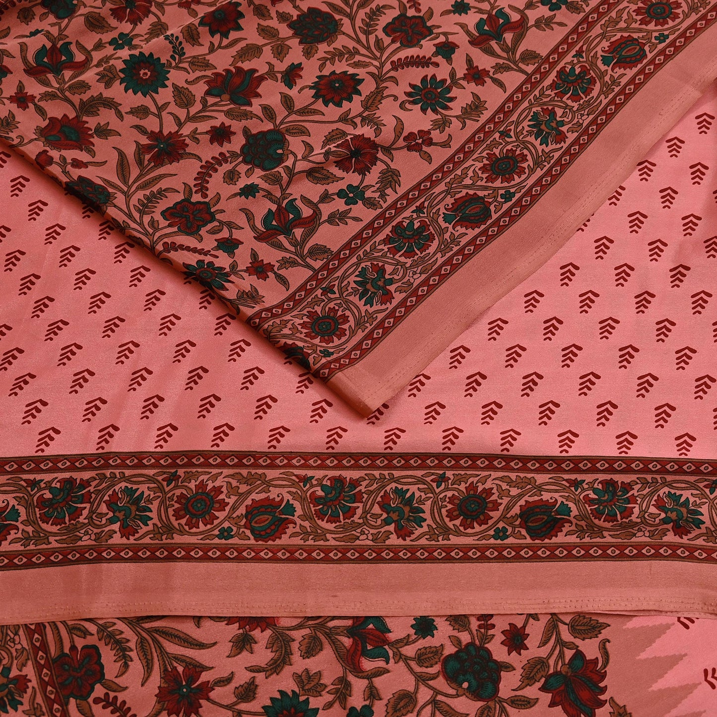 Indian Vintage Sari Peach Moss Crepe Printed Sarees 6yd Craft Fabric Sewing Floral Soft Dress making Quilting Crafting Upcycle Used