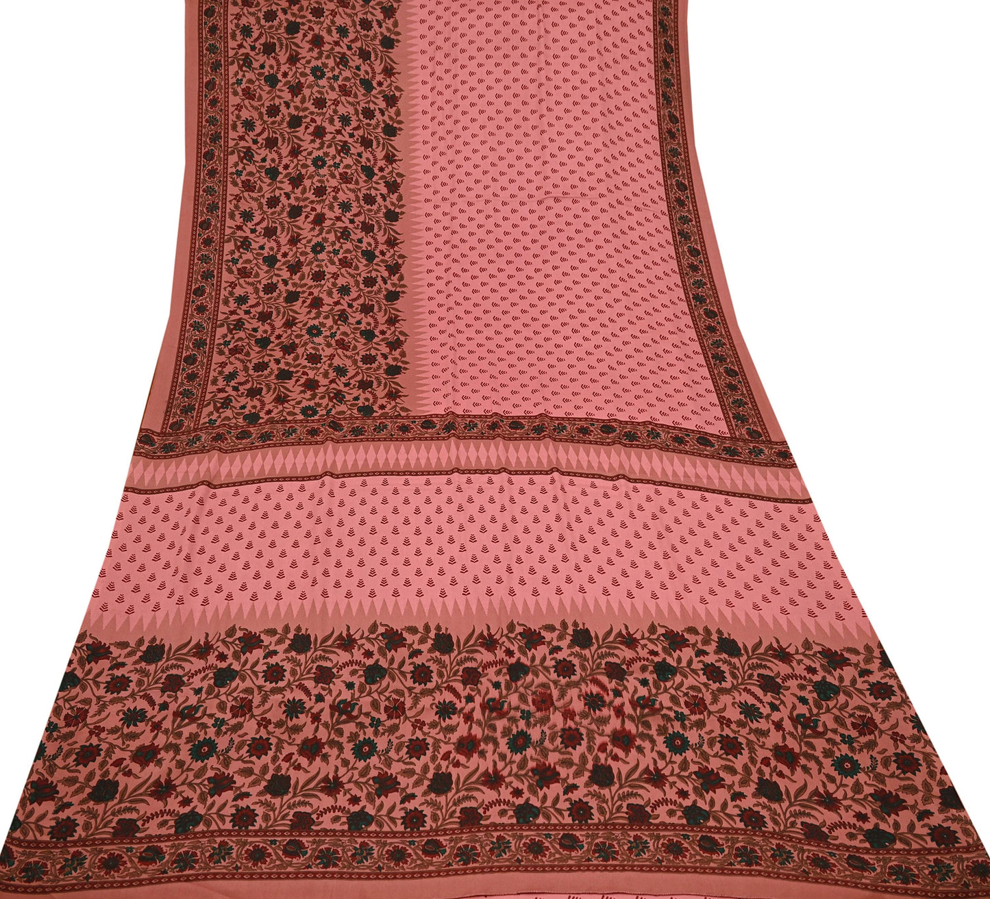 Indian Vintage Sari Peach Moss Crepe Printed Sarees 6yd Craft Fabric Sewing Floral Soft Dress making Quilting Crafting Upcycle Used