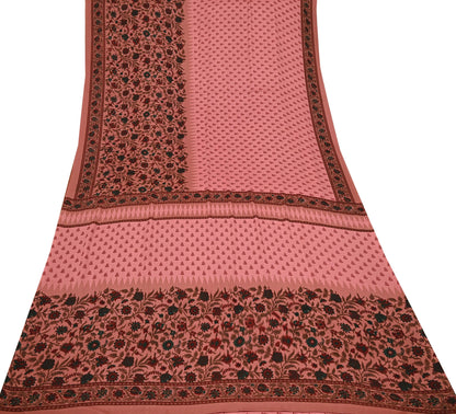 Indian Vintage Sari Peach Moss Crepe Printed Sarees 6yd Craft Fabric Sewing Floral Soft Dress making Quilting Crafting Upcycle Used