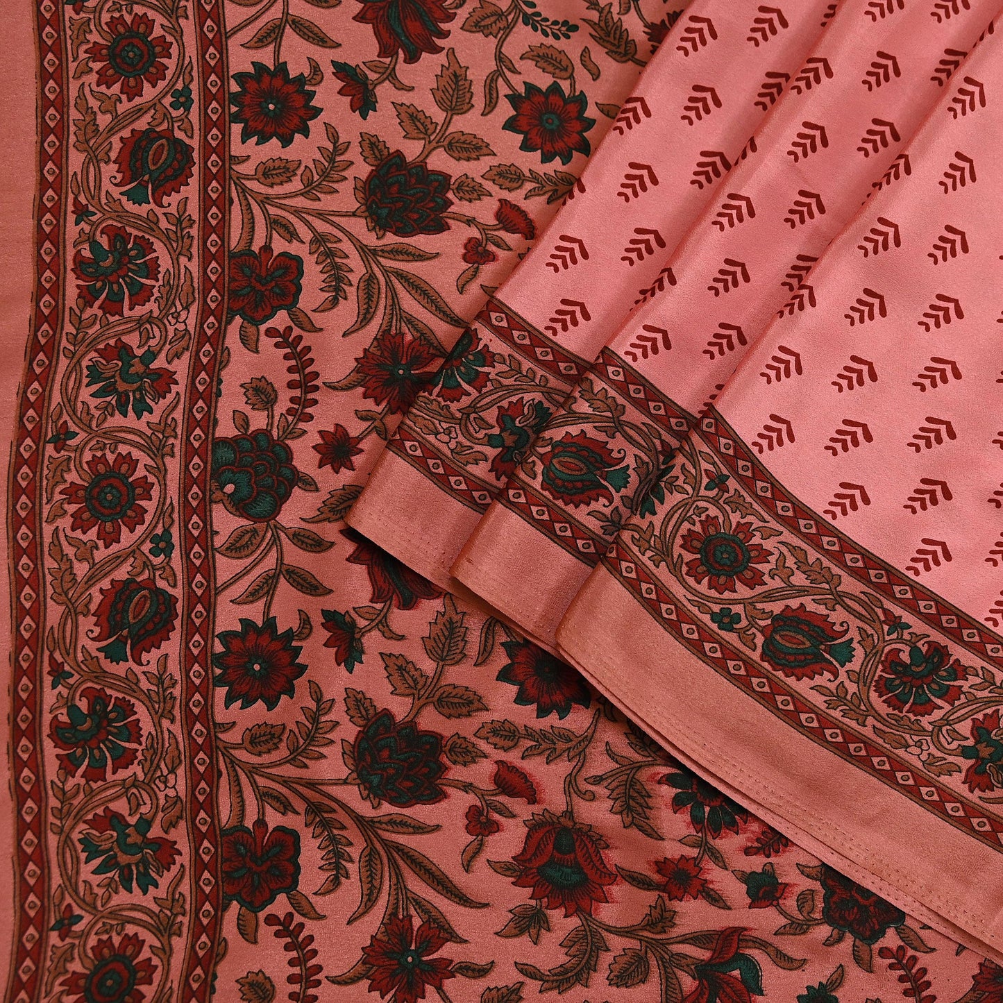 Indian Vintage Sari Peach Moss Crepe Printed Sarees 6yd Craft Fabric Sewing Floral Soft Dress making Quilting Crafting Upcycle Used