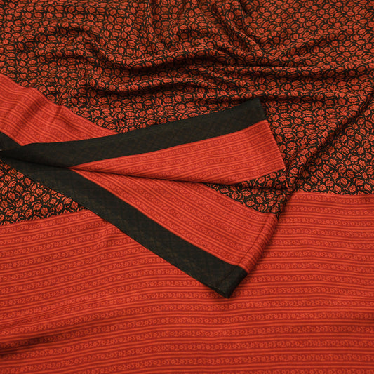 Indian Vintage Black & Orange Moss Crepe Saree Printed Floral Sari 6 Yards Soft Craft Fabric for Sewing, Dressmaking, Quilting,Upcycling