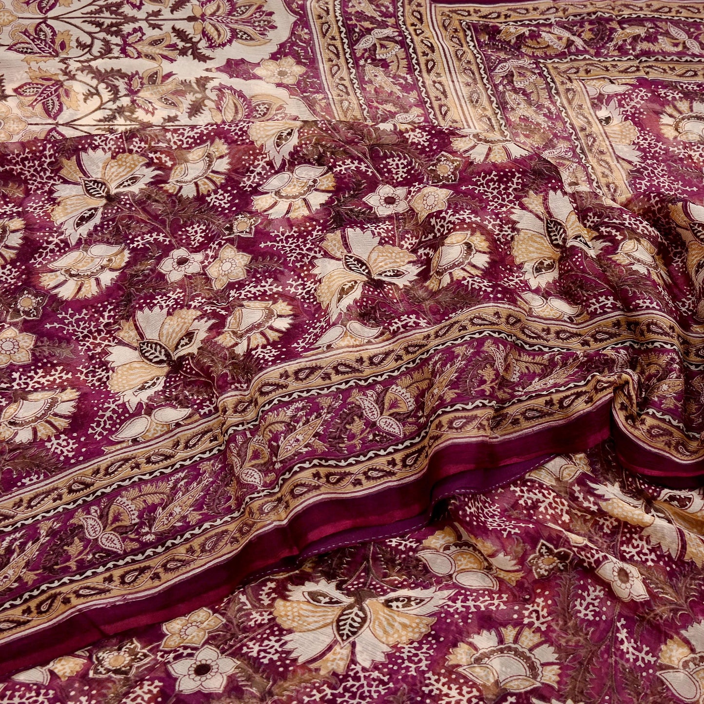 Indian Vintage Sari Maroon & Beige Pure Chiffon Silk Printed Sarees Craft Fabric Sewing 5Yard Soft Dress Making Quilting Upcycle Crfating