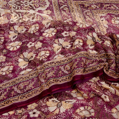 Indian Vintage Sari Maroon & Beige Pure Chiffon Silk Printed Sarees Craft Fabric Sewing 5Yard Soft Dress Making Quilting Upcycle Crfating