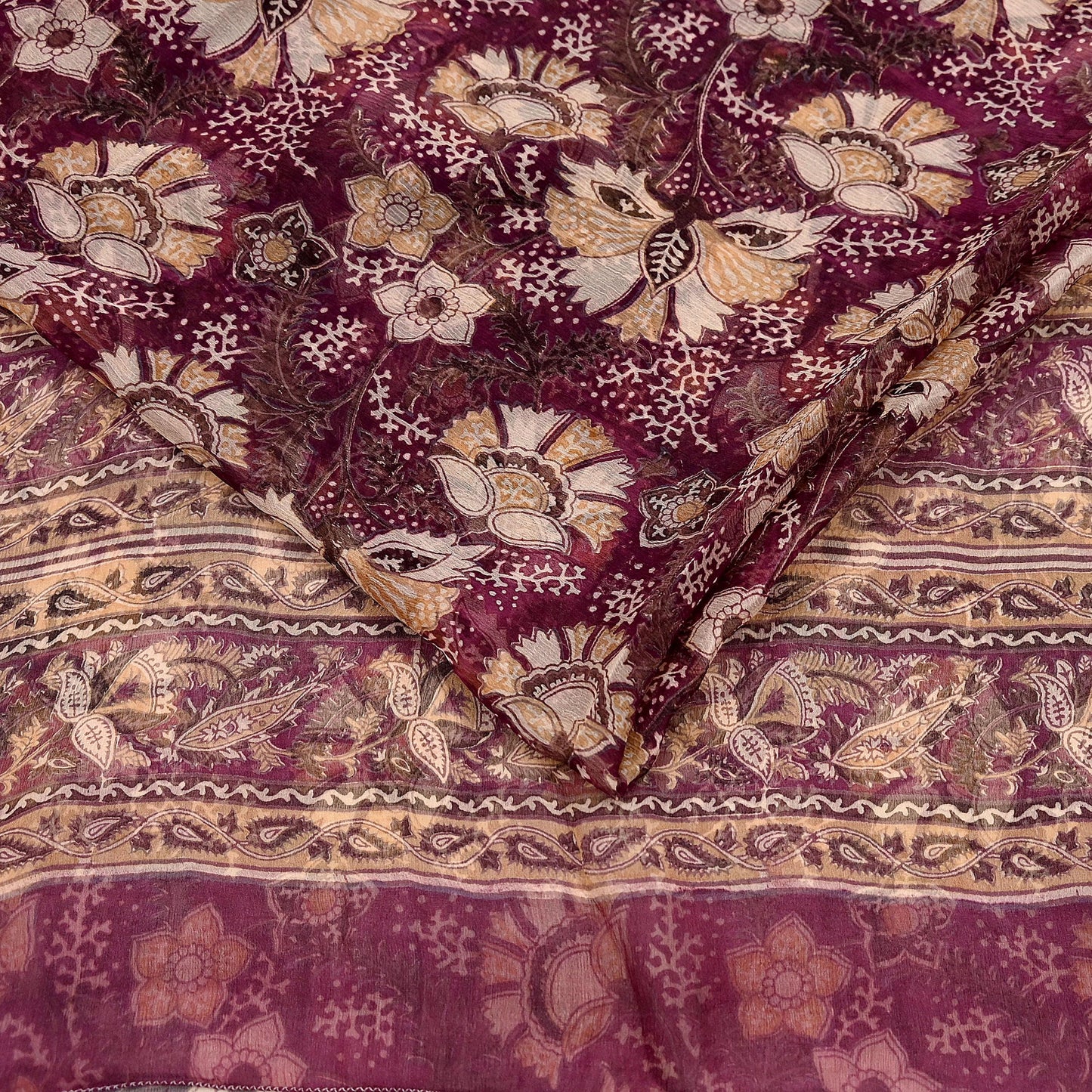 Indian Vintage Sari Maroon & Beige Pure Chiffon Silk Printed Sarees Craft Fabric Sewing 5Yard Soft Dress Making Quilting Upcycle Crfating