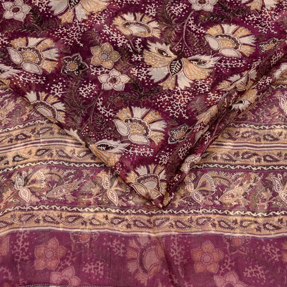 Indian Vintage Sari Maroon & Beige Pure Chiffon Silk Printed Sarees Craft Fabric Sewing 5Yard Soft Dress Making Quilting Upcycle Crfating