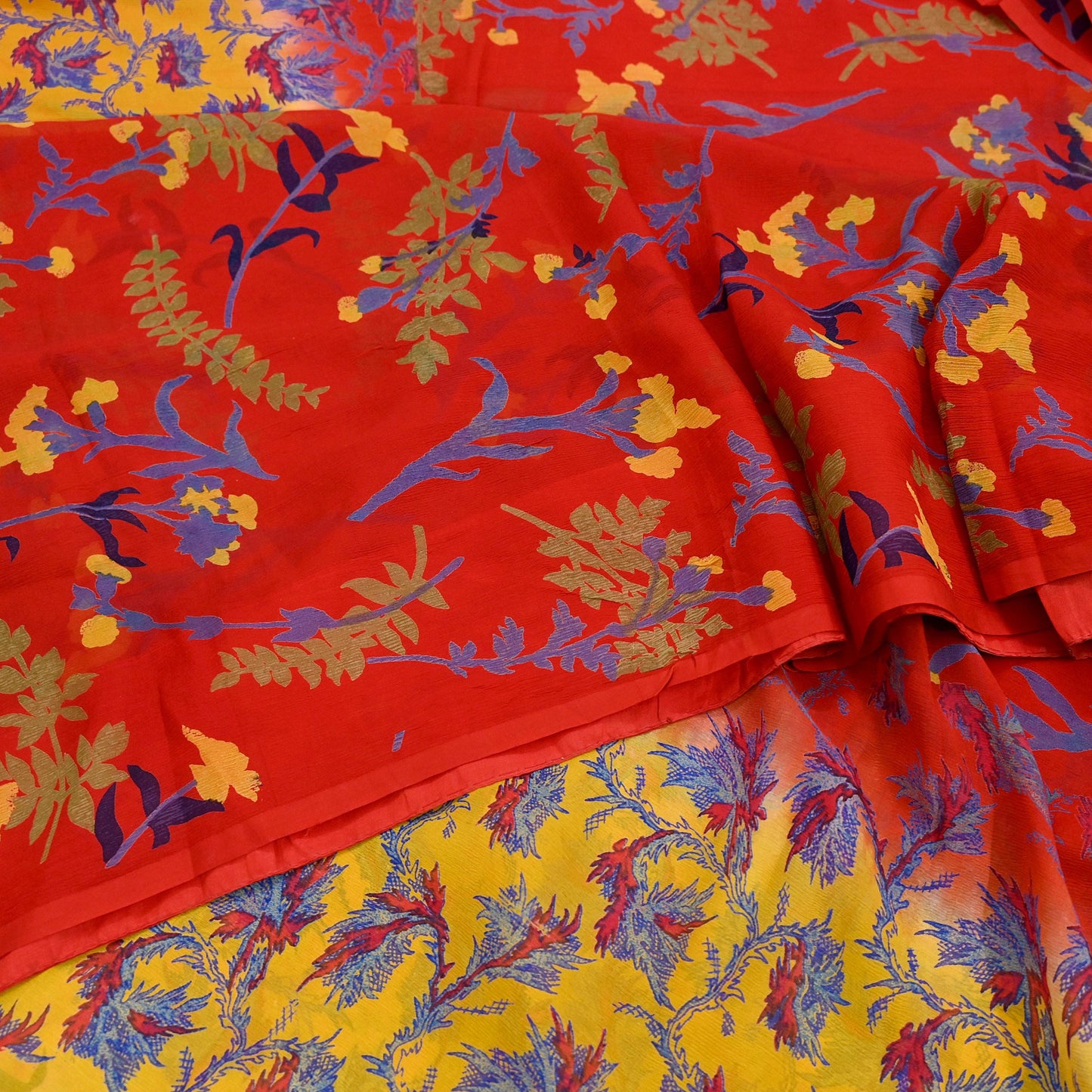 Women Vintage Sari Red & Yellow Pure Chiffon Silk Printed Saree Craft Fabric Sewing 5Yard Soft Light Sari Dress Making Floral