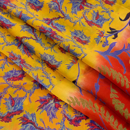 Women Vintage Sari Red & Yellow Pure Chiffon Silk Printed Saree Craft Fabric Sewing 5Yard Soft Light Sari Dress Making Floral