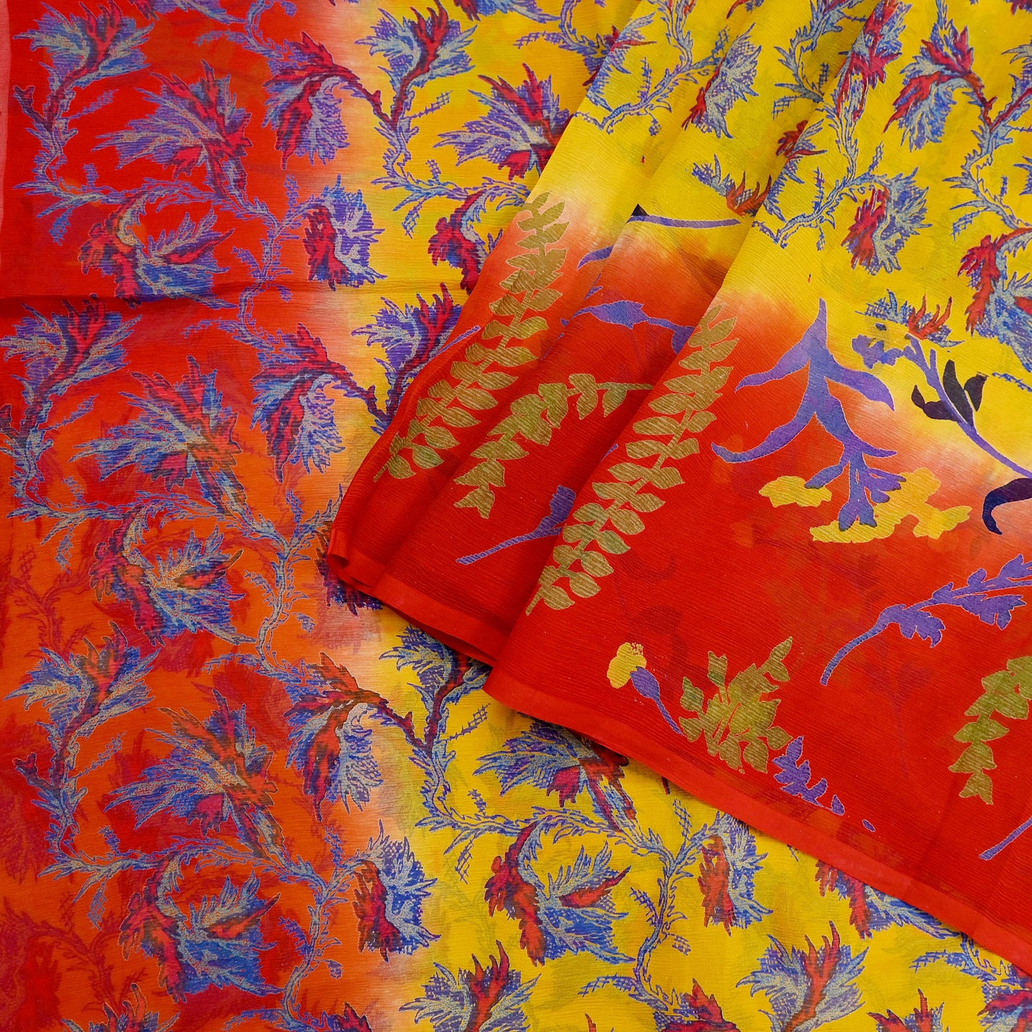 Women Vintage Sari Red & Yellow Pure Chiffon Silk Printed Saree Craft Fabric Sewing 5Yard Soft Light Sari Dress Making Floral