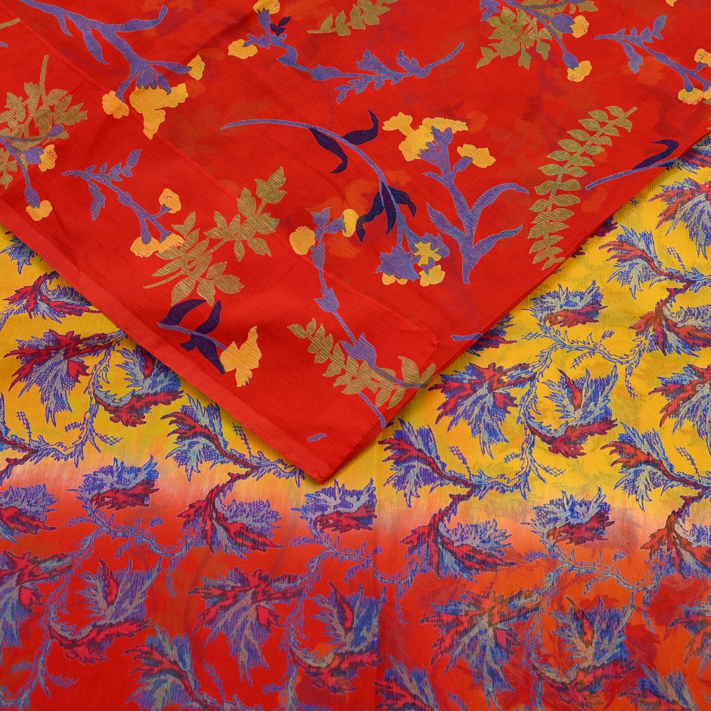 Women Vintage Sari Red & Yellow Pure Chiffon Silk Printed Saree Craft Fabric Sewing 5Yard Soft Light Sari Dress Making Floral