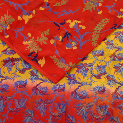 Women Vintage Sari Red & Yellow Pure Chiffon Silk Printed Saree Craft Fabric Sewing 5Yard Soft Light Sari Dress Making Floral