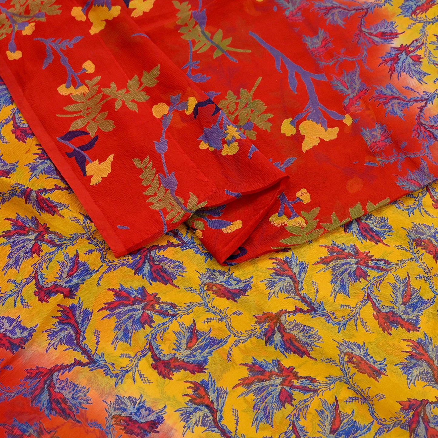 Women Vintage Sari Red & Yellow Pure Chiffon Silk Printed Saree Craft Fabric Sewing 5Yard Soft Light Sari Dress Making Floral