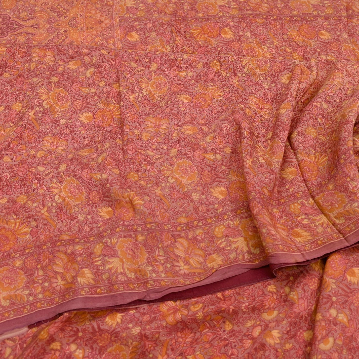 Indian Vintage Sari Brown Printed 100% Pure Satin Silk Sarees 5yd Sewing Craft Fabric Dress Making Wrap Upcycle Quilting Crafting