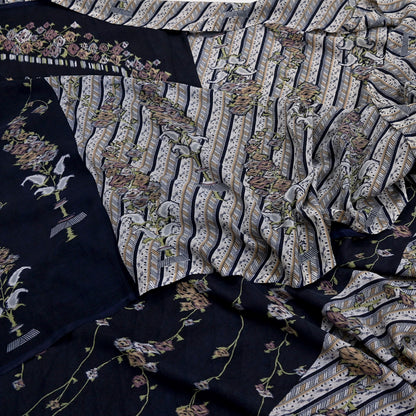 Indian Vintage Sari Gray & Blue Pure Silk Printed Saree 5yd Craft Fabric Sewing Floral Soft Dress Making Wrap used Quilting Crafting Upcycle