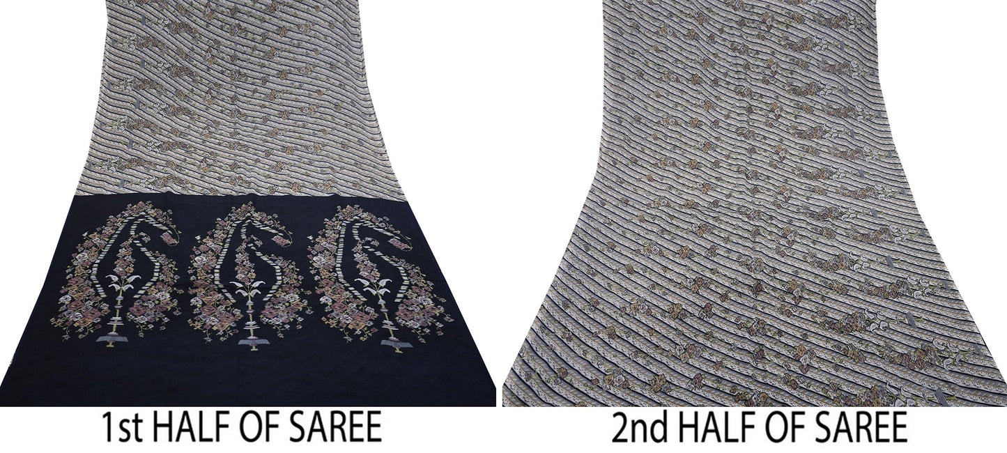 Indian Vintage Sari Gray & Blue Pure Silk Printed Saree 5yd Craft Fabric Sewing Floral Soft Dress Making Wrap used Quilting Crafting Upcycle