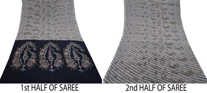 Indian Vintage Sari Gray & Blue Pure Silk Printed Saree 5yd Craft Fabric Sewing Floral Soft Dress Making Wrap used Quilting Crafting Upcycle