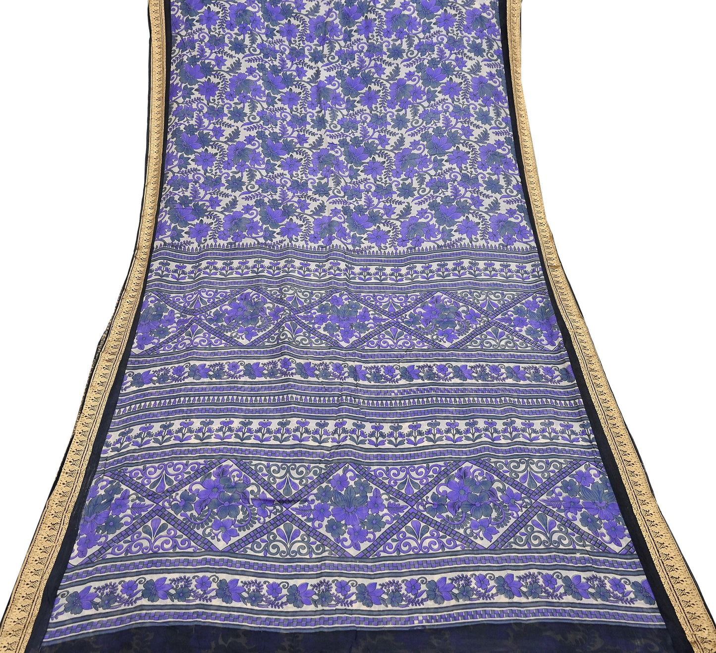 Indian Vintage Sari Purple & Ivory Pure Silk Printed Saree Fabric 5yd Sewing Craft Fabric DressMaking Floral Upcycle Quilting Crafting