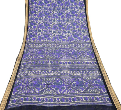 Indian Vintage Sari Purple & Ivory Pure Silk Printed Saree Fabric 5yd Sewing Craft Fabric DressMaking Floral Upcycle Quilting Crafting