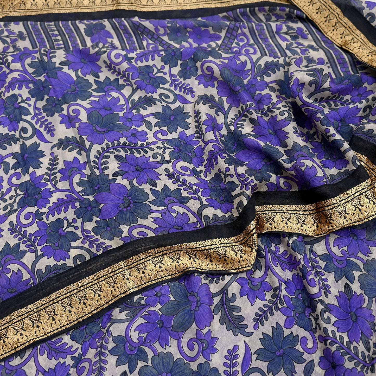 Indian Vintage Sari Purple & Ivory Pure Silk Printed Saree Fabric 5yd Sewing Craft Fabric DressMaking Floral Upcycle Quilting Crafting