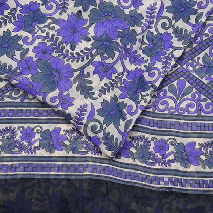 Indian Vintage Sari Purple & Ivory Pure Silk Printed Saree Fabric 5yd Sewing Craft Fabric DressMaking Floral Upcycle Quilting Crafting