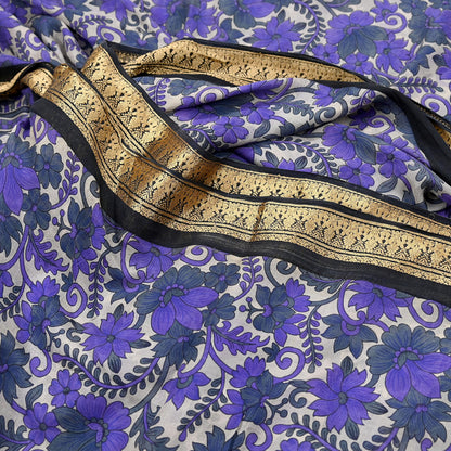 Indian Vintage Sari Purple & Ivory Pure Silk Printed Saree Fabric 5yd Sewing Craft Fabric DressMaking Floral Upcycle Quilting Crafting