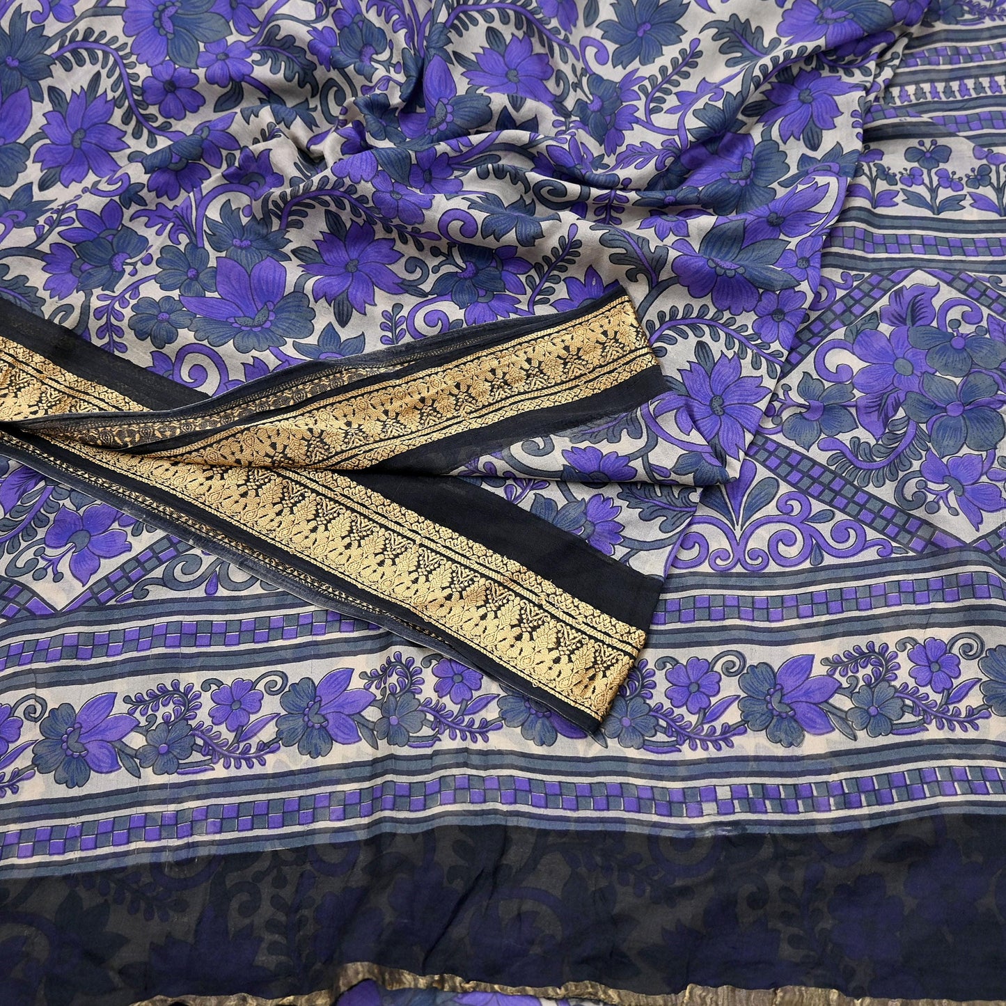Indian Vintage Sari Purple & Ivory Pure Silk Printed Saree Fabric 5yd Sewing Craft Fabric DressMaking Floral Upcycle Quilting Crafting
