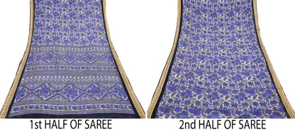 Indian Vintage Sari Purple & Ivory Pure Silk Printed Saree Fabric 5yd Sewing Craft Fabric DressMaking Floral Upcycle Quilting Crafting