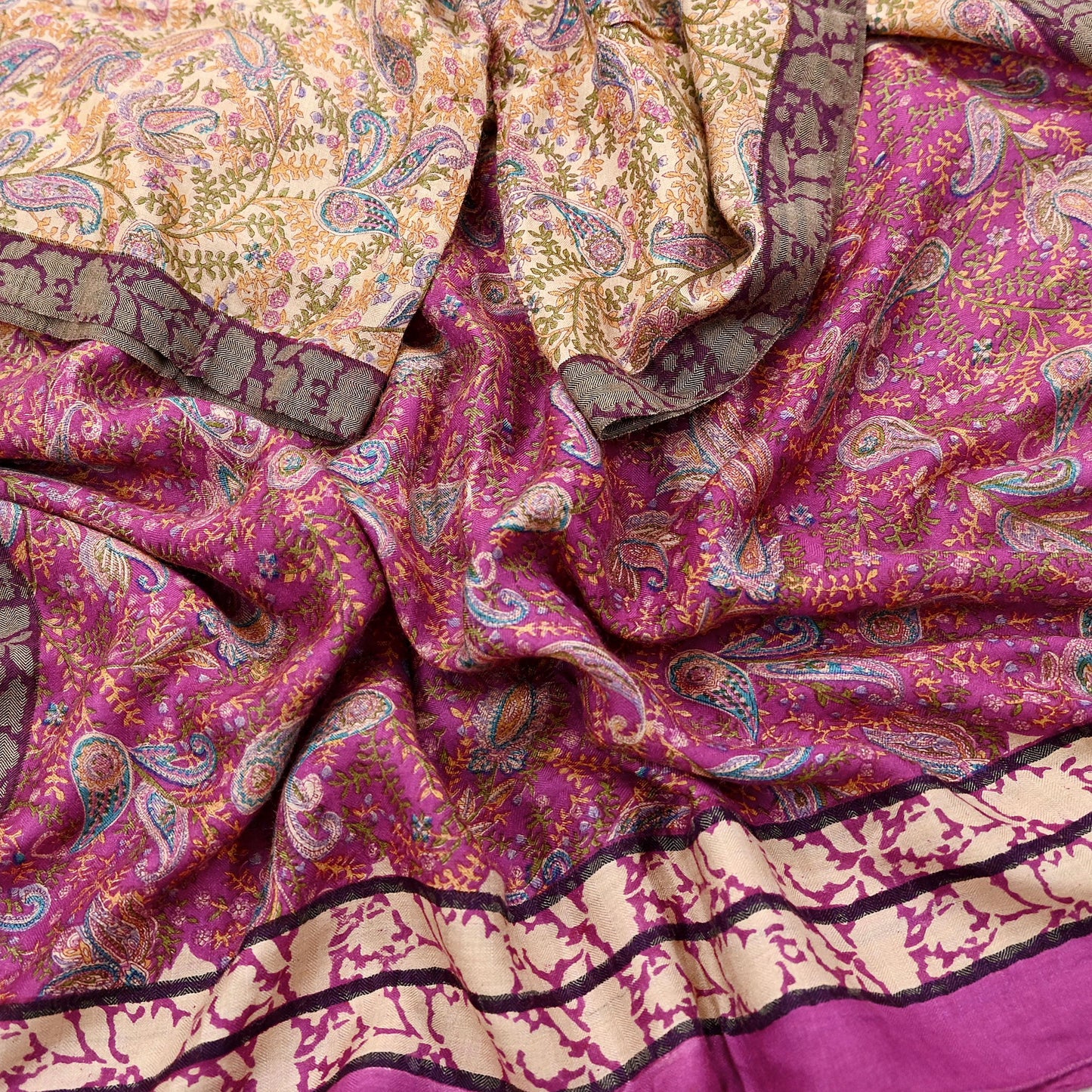 Indian Women Vintage Ivory & Pink Long Stole Pure Woolen Scarf Dupatta Scarves Printed Sarong Wrap Veil Hijab Shawl Soft