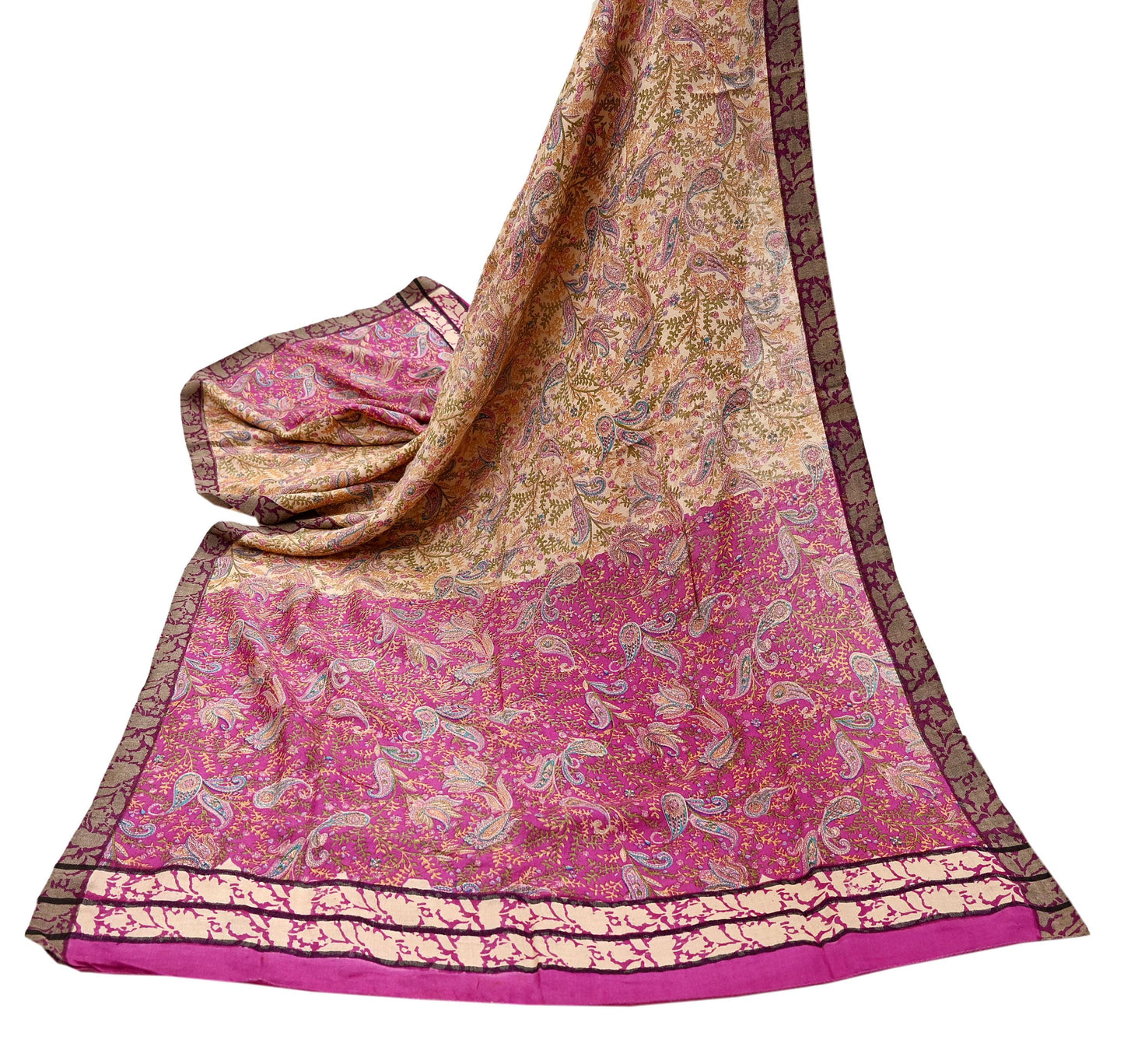 Indian Women Vintage Ivory & Pink Long Stole Pure Woolen Scarf Dupatta Scarves Printed Sarong Wrap Veil Hijab Shawl Soft