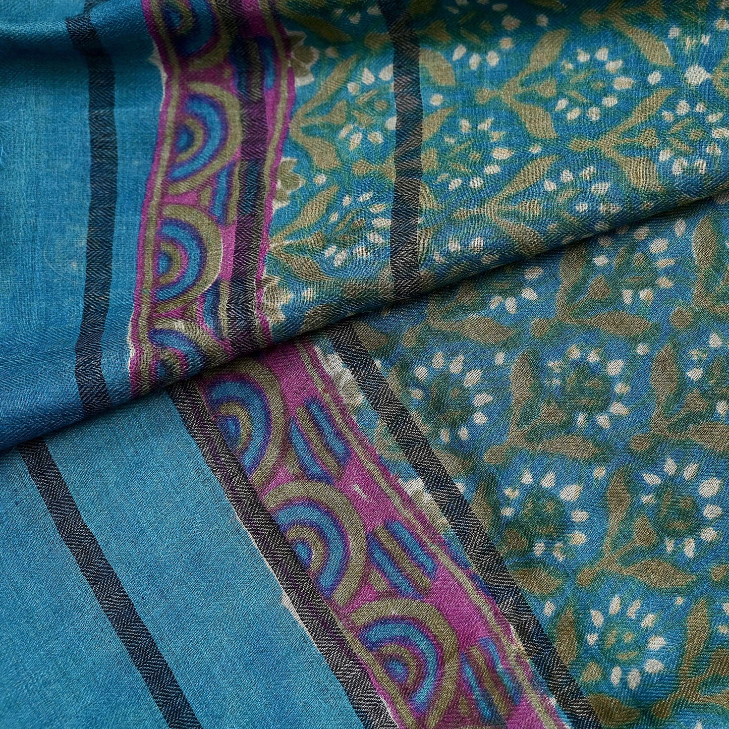 Indian Vintage Blue Long Stole Pure Woolen Scarf Dupatta Infinity Scarves Printed Sarong Wrap Craft Fabric Veil Hijab Shawl
